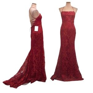 NWT ALAMOUR Alessandra Gown Medium Wine Red Metallic Lace Lace Up Maxi Dress
